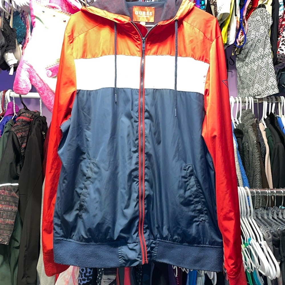 GUESS red white and blue Designer Jacket size small see photos like new